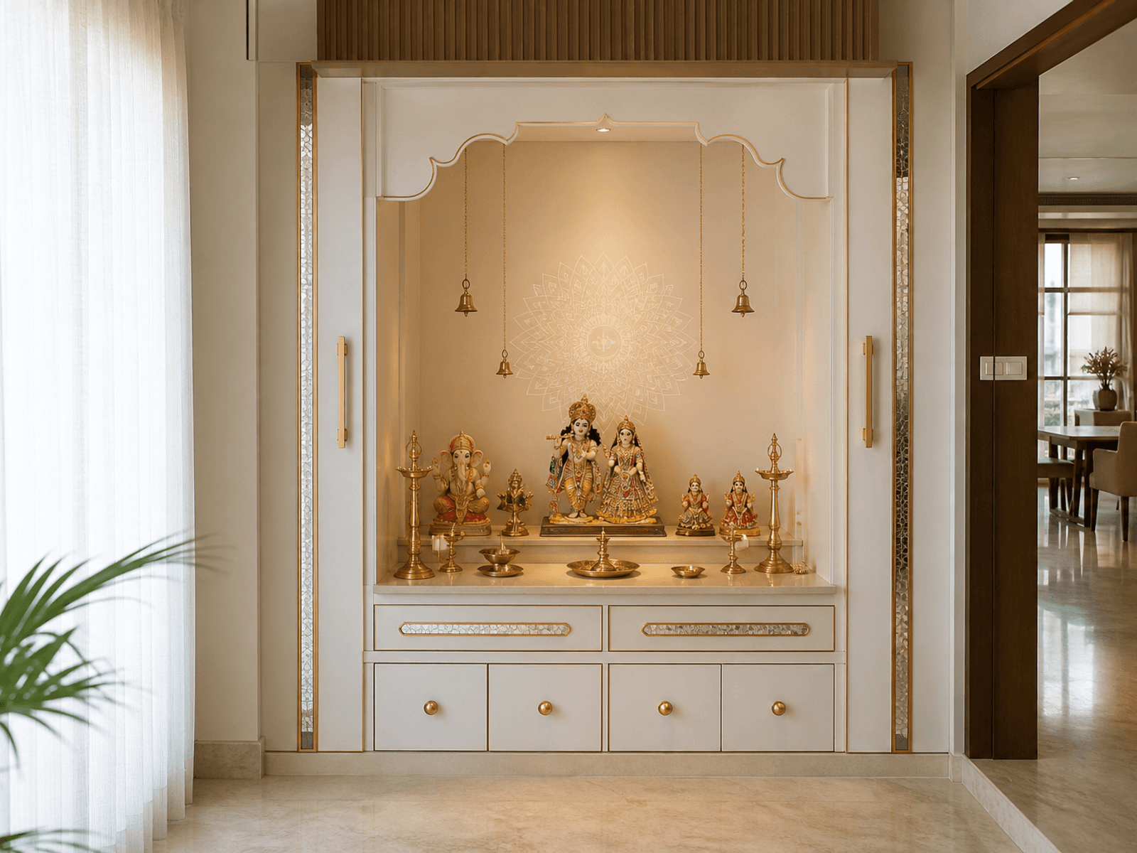 Brass detailing on a home pooja unit