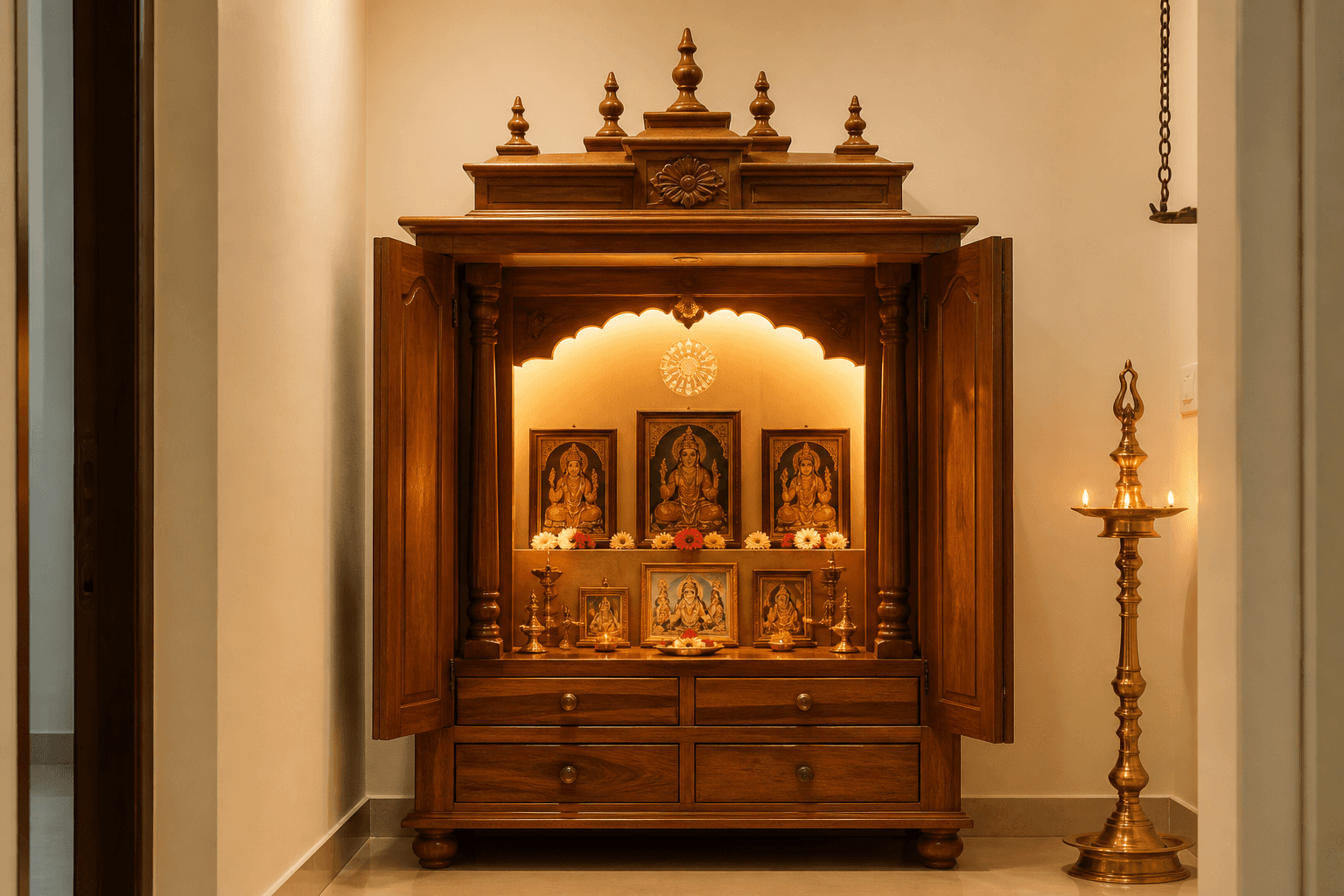 Solid hardwood floor-standing pooja unit