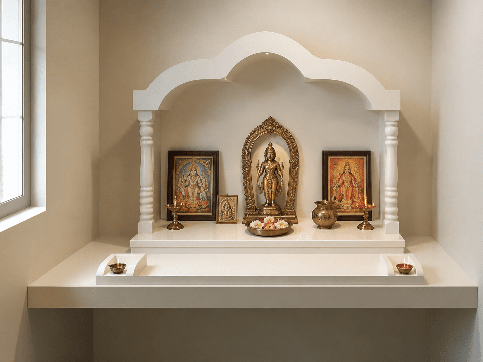 Solid surface pooja shelf and lamp ledge