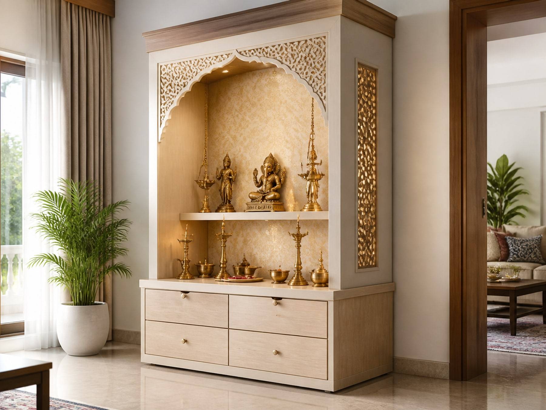 Floor-standing pooja interiors by Space Solutions