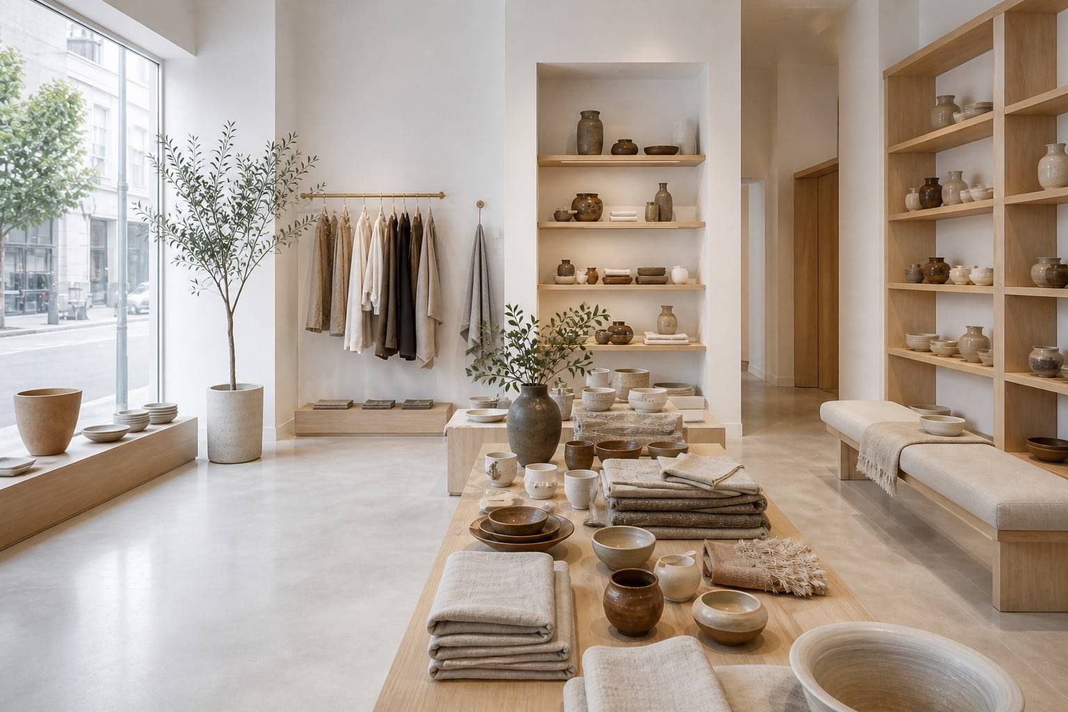Boutique window display with an olive tree and clothing rail