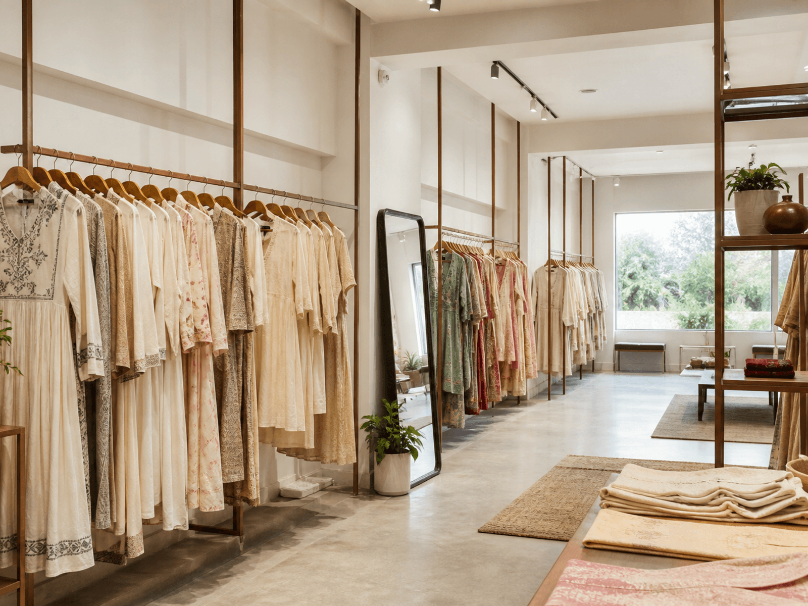 Metal hanging rails in a clothing boutique