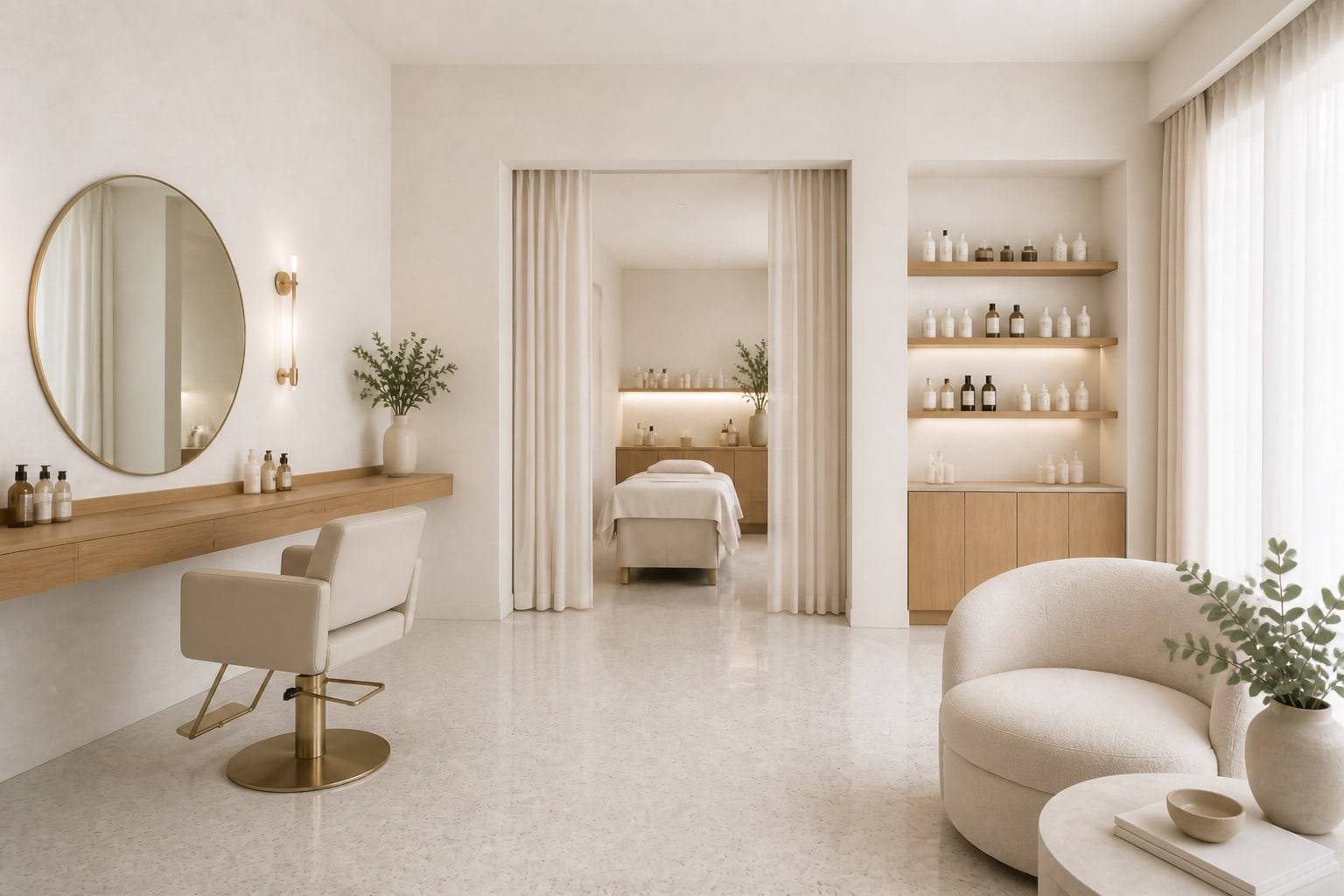 Styling station with a round mirror and cream salon chair