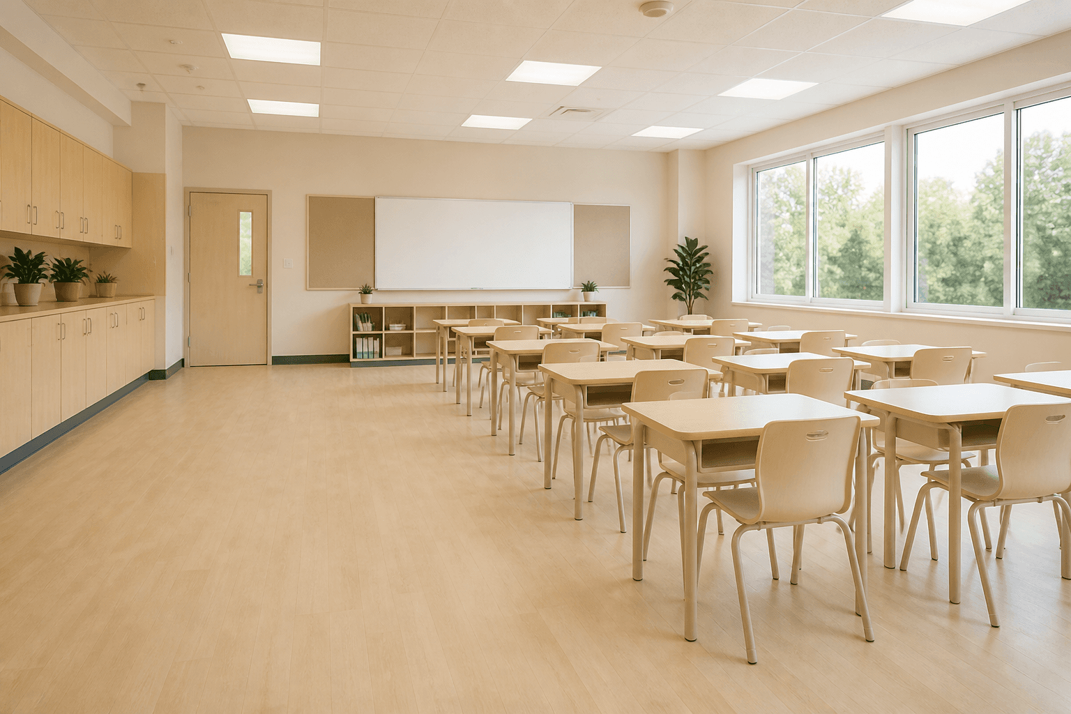 Classroom with desks and the window wall held to the right