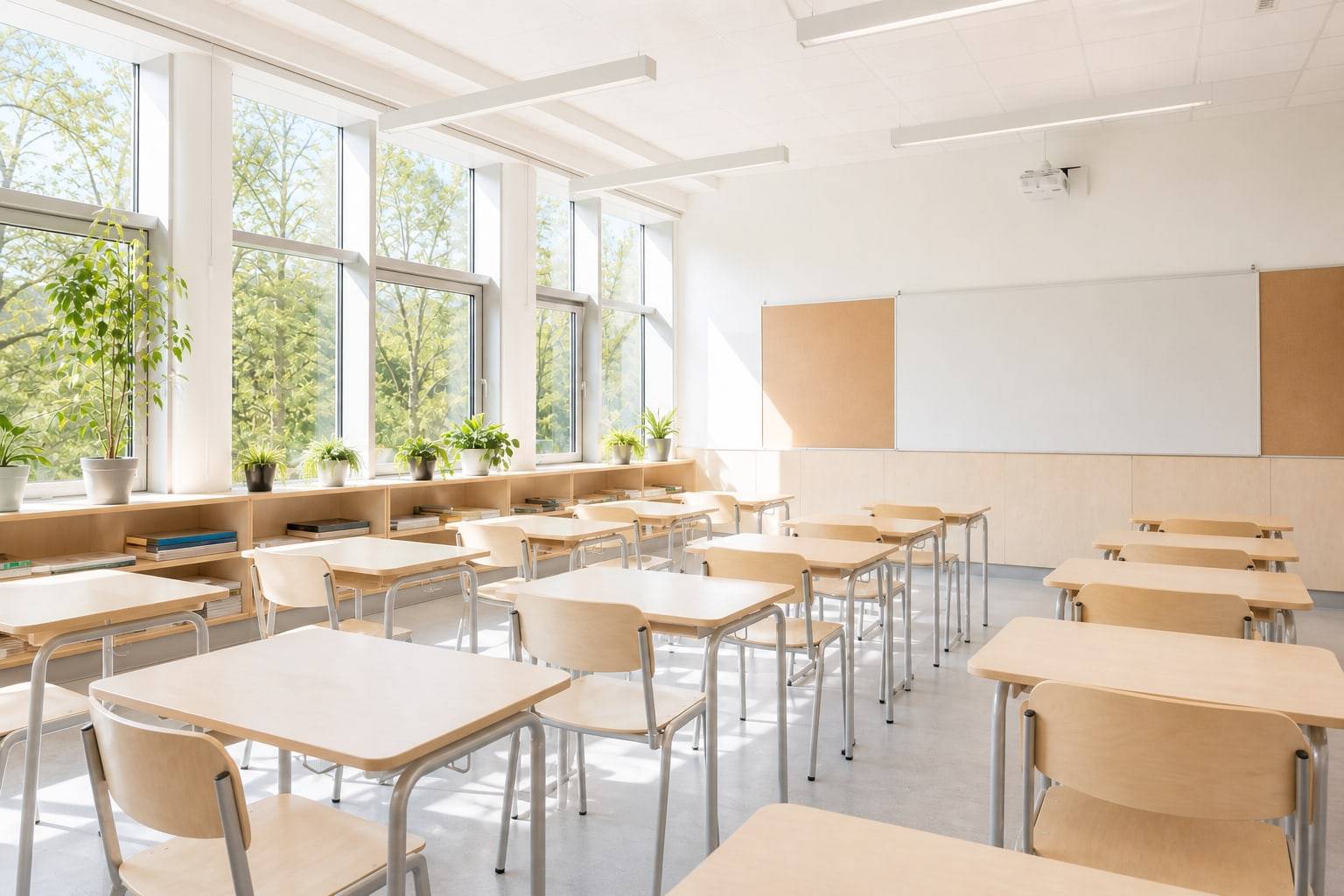 Bright classroom with pale birch desks in rows and a window wall of daylight