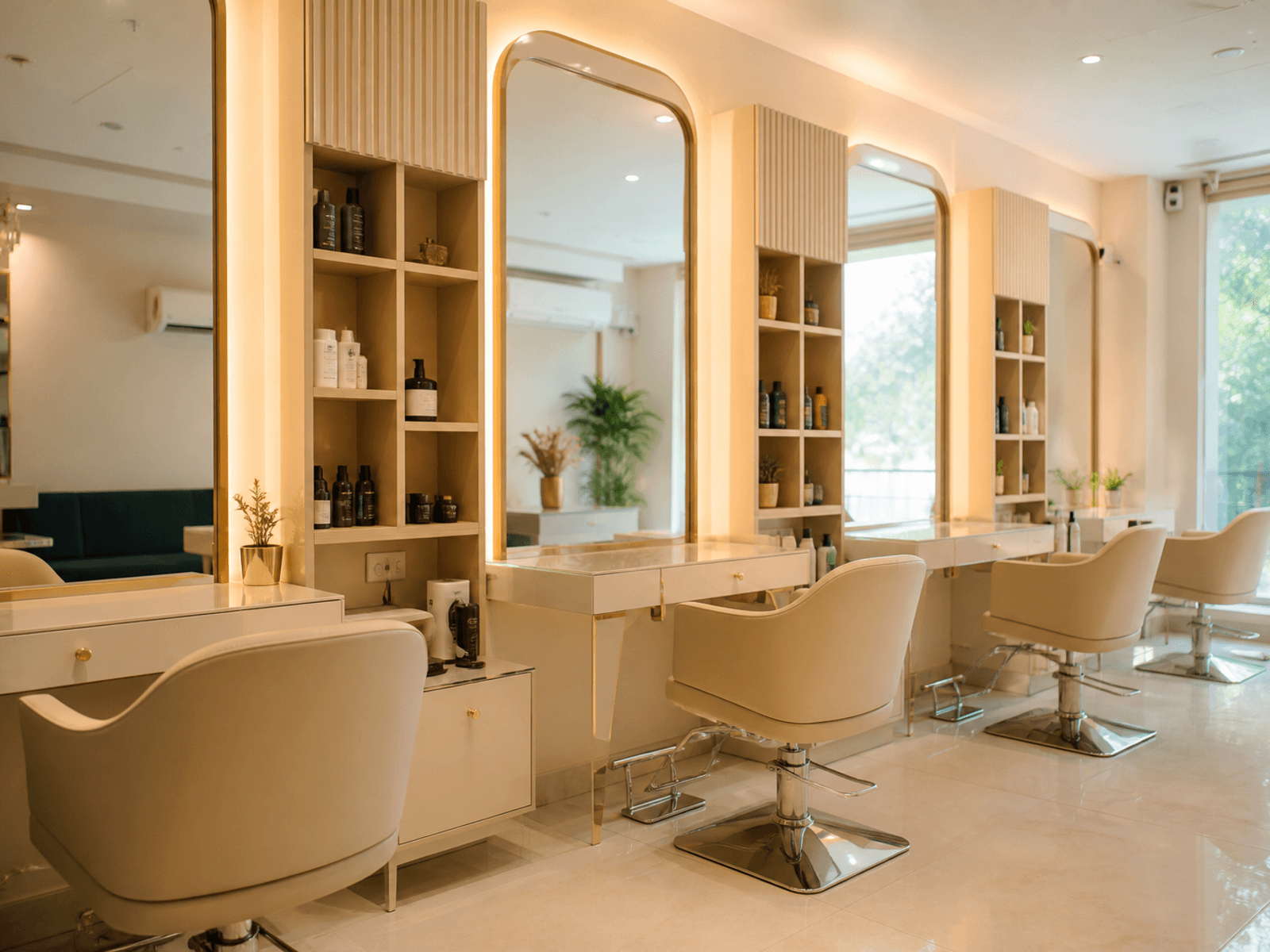 Salon station mirrors with kind lighting