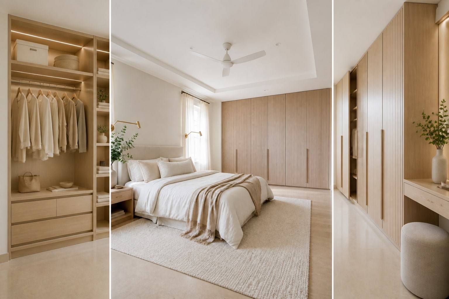 Open wardrobe internals with hanging rails and shelves