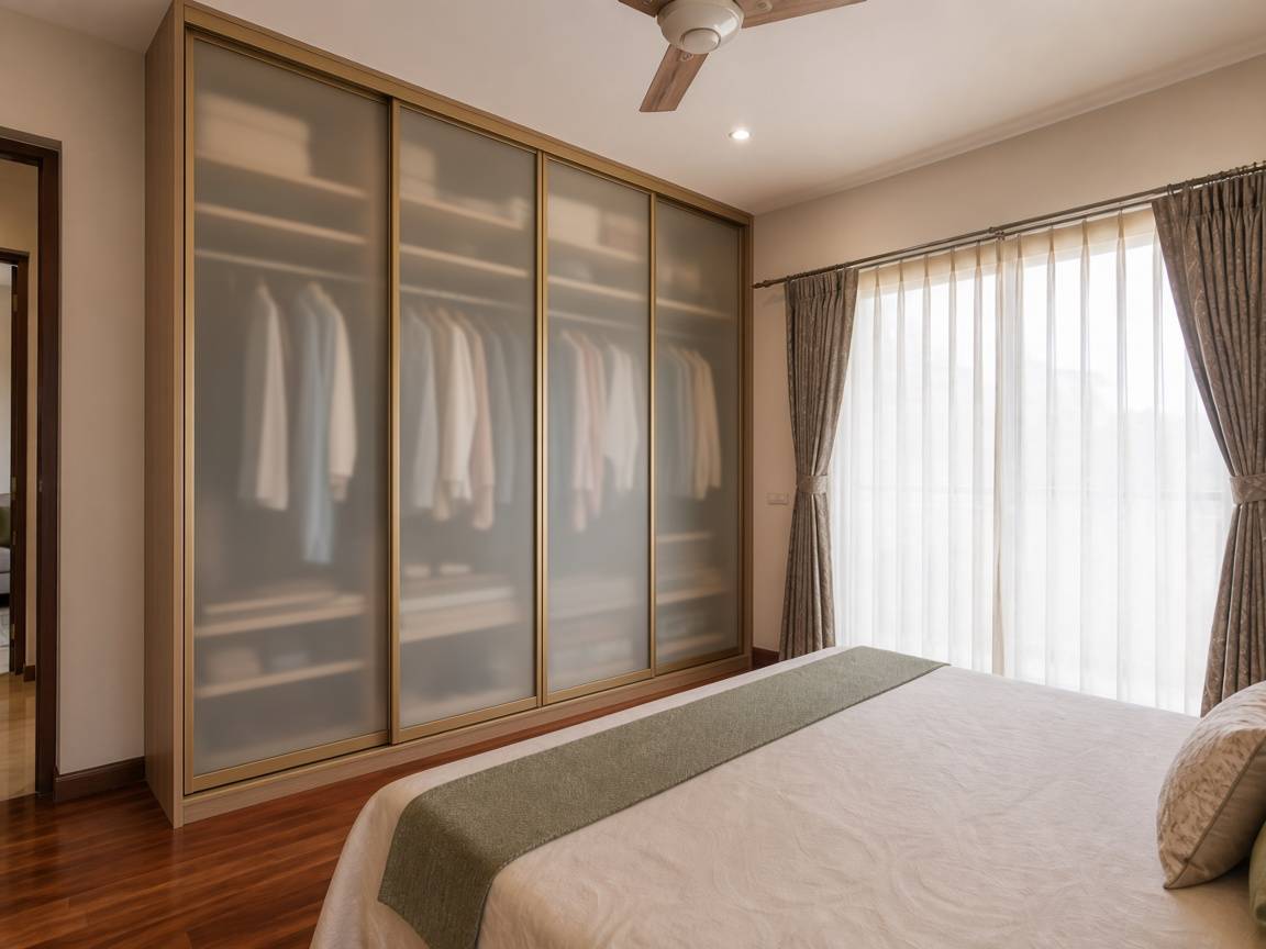 Aluminium profile shutter wardrobe with glass inserts